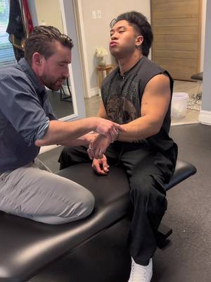 A post by @dr.michael.dellacorte on TikTok caption: Wrist treatment for my friend, Nyle, with Active Release Technique!  He’s dealing with something called DeQuervain’s Stenosing Tenosynovitis, so we’re trying to help with where the 2 muscles/tendons involved in DeQuervain’s (Abductor Pollicis Longus & Extensor Pollicis Brevis pass underneath the retinaculum of the wrist right near the thumb! #activereleasetechnique #wristpain 