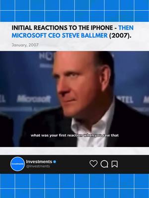 A post by @investments on TikTok caption: Steve Ballmer’s Iconic Dismissal of the iPhone in 2007: A Moment he later regretted. - #fundamentalanalysis #investingrowth #fundamentalinvestor #investinthefuture #amzn #dividend #dividends #dividendincome #dividendinvesting #dividendgrowthstocks #dividendyield #dividendstocks #dividendinvesting 