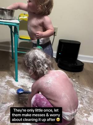 A post by @victoria.begley on TikTok caption: They had a ball playing in flour 🥰 #twins #twinmomlife #flour #playtime #messmakers #brothersister #funnymoments #like #foryou 