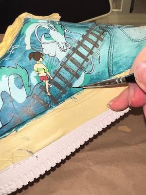 A post by @alishascustoms on TikTok caption: #customshoes #customairforce #customsneakers #customnikes #customaf1 #customtrainers #custommade #painting #satisfying #oddlysatisfying #spiritedaway #studioghibli #noface #studioghibliart #haku #chihiro 