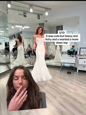 A post by @keepingupwithmorg on TikTok caption: Rating the wedding dresses i tried in and didnt pick #greenscreen 