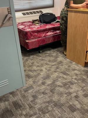 A post by @chismosamimosa on TikTok caption: Moving into a new room. Privacy has left the room!!!! 😭😭😭 looks like they havent changed the shower curtain since wwII.🤢🤮 #military #usmc #foryou 