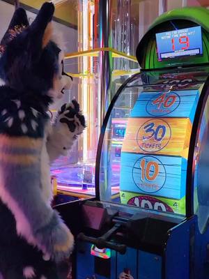 A post by @kingnightzy on TikTok caption: BIG WHEEL BIG WHEEL 😤 #furry  #fursuit #arcade #furryfandom #fursuiter 