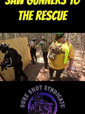 A post by @sureshotsyndicate on TikTok caption: machine gunners to the rescue #airsoftclips #airsoft 