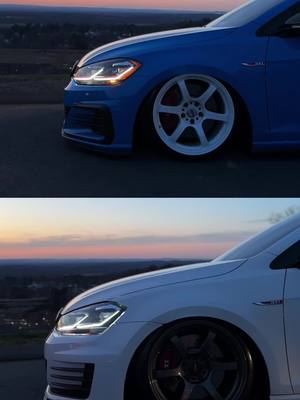 A post by @aidanquinn69 on TikTok caption: Your favorite gti duo is back bby @Matt #mk7 #gti #rayswheels #cornflower #bagged #internetcar #carsoftiktok 