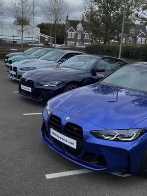 A post by @farnboroughbmw on TikTok caption: Now here’s a lineup! An M3cs, 2x M4 Coupe, M3 Touring and an M3 Saloon🔥 Which would you pick?  #bmw #bmwm #bmwmpower #bmwmperformance #bmwm3 #m3cs #bmwm4 #m3touring #bmwm3 #fyp #foryoupage #cartok #cartiktok #group1bmwfarnborough #farnboroughbmw 