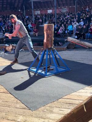 A post by @turbotomlancaster on TikTok caption: Standing block chop from my first show of my 20th season! #20years #timbersports #fyp 