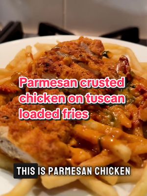 A post by @mumlife_edition on TikTok caption: Parmesan crusted chicken Tuscan loaded fries featuring @Cosmic Cookware Australia casserole pan 🙌🏽 Recipe inspired by @Magda | Good Food Discoveries  INGREDIENTS: CHICKEN - 2 chicken breast, sliced through the middle @The Meat Cartel  - 1 egg, beaten COATING: - 1/2 cup plain flour - 1/4 grated parmesan - 1/4 teaspoon black pepper - 1 teaspoon paprika - 1 teaspoon dried oregano - 1/2 teaspoon thyme SAUCE - 2 shallots, finely diced - 3 cloves garlic, crushed - 1 cup sundried tomatoes, drained & sliced - 1 tablespoon tomato paste - 1 cup dollop cream - 1/2 cup grated parmesan - 1 1/2 cups massel chicken stock - 60g baby spinach - 1 teaspoon cornflour - 1 tablespoon water OTHER: - Olive oil - Fries of choice METHOD: - Combine all the coating ingredients - Coat the chicken in the egg and then seasoned coating - Heat a generous splash of olive oil on lower medium heat and cook the chicken until golden & cooked through, set aside on a wire rack to avoid it going soggy - Med heat, add more olive oil and fry the shallots - When they start becoming translucent, add the garlic, sundried tomato & tomato paste - Stir and cook for 2 mins then add cream, parmesan & chicken stock - When it starts to simmer, add baby spinach - When it starts wilting, mix the cornflour and water into a slurry and add to the sauce to thicken it up - Serve in the order of fries, lots of sauce, and sliced chicken on top #loadedfries #Recipe #tuscanchicken #parmesanchicken #looksgoodcooksgood #feelgoodwithcosmic #kitchencurations #livethecosmiclife #livethenontoxiclife @Cosmic Cookware 