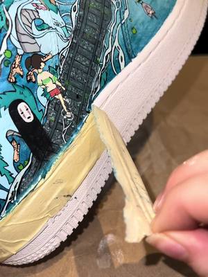 A post by @alishascustoms on TikTok caption: Studio ghibli 🎨 #customshoes #customairforce #customsneakers #customnikes #customaf1 #customtrainers #custommade #fyp #oddlysatisfying #satisfying #spiritedaway #chihiro #noface #studioghibli 