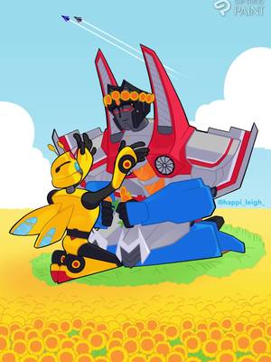 A post by @happi_leigh on TikTok caption: I love big gay robots 💛 this was a commision! #transformers #starbee #bumblebee #starscream #speedpaint 