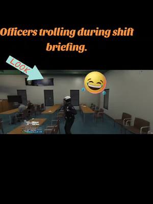 A post by @turboterry77 on TikTok caption: Officer trolling outside window during shift briefing. 😆 #enemyofthestaterp #enemyofthestate #cops #police #eots #fivem #gta5 #gta5rp #funny 