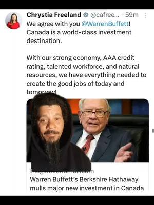 A post by @rahjoker137 on TikTok caption: #greenscreen Yikes, Warren Buffett,  lol. #chrystiafreeland #outoftouch #cdnpoli #warrenbuffet 