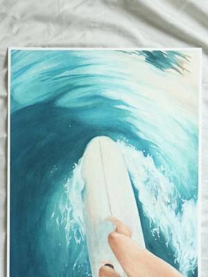 A post by @artofellaeland on TikTok caption: Glide down the line with me in the next piece of an upcoming collection. This painting highlights the beauty and excitement of catching and riding a wave. It captures the feeling of gliding over a glassy sea and the breathtaking beauty of it all! This whole collection was done using gouache, which is like a mix between acrylic and watercolor. It has the ability to create really opaque bold color like acrylic as well as the dreamy light washes of watercolor. Because of this, it was the perfect medium for the look and vibe I wanted to create in each piece: bold, but also light and dreamlike.  #surfinglifestyle #surfartist  #gouachepaintingprocess #surfart #hawaiiartist #hawaii #hawaiiart 