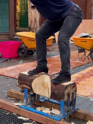 A post by @turbotomlancaster on TikTok caption: Underhand Chop training from a couple months ago. I really like my underhsnd swing lately. I have been focusing on the natural path of the axe and it helps me stay square to hits. #timbersports #lumberjacksports #woodchoppin #fyp #under #hand #chopper 