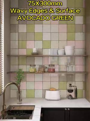 A post by @ on TikTok caption: Check out this unique 75X300mm tile with wavy edges and a surface in the trendy AVOCADO GREEN color! Perfect for adding a touch of style to your space. #TileDesign #tiles #tilessupplier #tileshop