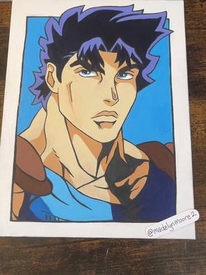 A post by @madelynmoore2 on TikTok caption: Fixing up a 3 year old JoJo painting cause i hate looking at it😊 #fyp#foryoupage#foryou#jojosbizarreadventure#jojopose#jjba#jjbaart#restoringart#painting