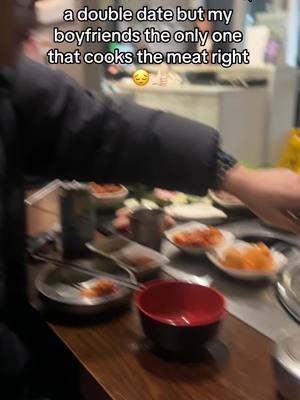 A post by @cospeach on TikTok caption: We all just sat there while he cooked,, like dogs 😭😭😭 #foryou #fyp #koreanbbq #kbbq 