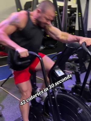 A post by @the_greatcanadian on TikTok caption: This was a 42 calorie ride in 30s!  #fitnessmotivation #workout #dadsoftiktok #airbike #longevity #vo2max #IYKYK 