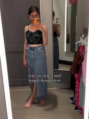 A post by @laurenlikesitreviews on TikTok caption: ways to style a mid length denim skirt 🌀🫐🦋🪁💙🐳 🔗🔗🔗 in my LTK #summeroutfit #denim #denimstyle #denimskirt #affordablefashion #targetfinds #targetstyle #targetdeals #targetclearance #targethaul #simpleoutfit @target 