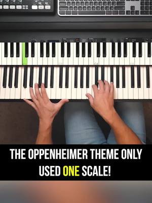 A post by @charlescornellstudios on TikTok caption: The Oppenheimer theme's incredible string line literally used one bank of notes! It's C Lydian when it's a C chord, but what mode does it become over  Am7 and Em??  #piano #musictheory #oppenheimer 