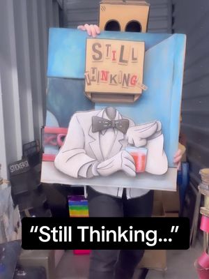 A post by @hectorsector13 on TikTok caption: “Still Thinking…” Watercolor on Cardboard, 2023 Long time no see! Sorry that I’ve been absent. Life has been crazy and i haven’t been conpletely motivated to upload here. Gonna try to change that this summer so stay tuned for more stuff! Ive been getting art in a lot of different galleries the past year, and this guy will be in a gallery for the first time! So excited! What do you guys think? Let me know! #fyp #foryou #foryoupage #art #artist #artwork #box #boxhead #boxart #cardboard #cardboardbox #cardboardartwork #paint #painting 