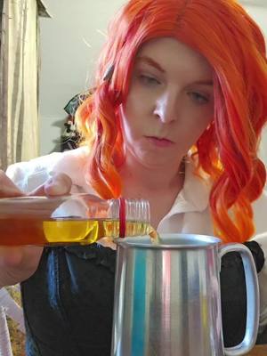 A post by @corrosivemoon24 on TikTok caption: ⚠️it's just water and food colouring⚠️ Roxy will make drinks for the party #openduet #dnd #dragonlance #dndtiktok #rogue #swashbuckler #pirate #partydynamics #dndcosplayer #drinking #mixdrinks 