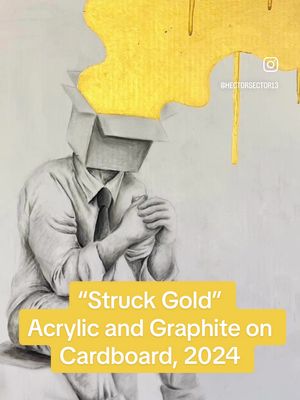 A post by @hectorsector13 on TikTok caption: “Struck Gold” Acrylic and Graphite on Cardboard, 2024 Here it is! One of my new fave pieces that I’ve been working on and off for the past few months!  I’ve been wanting to make something like this for a while, and I found my chance to do here! I found this old frame with and old piece of cardboard still in it, and so I decided to take it and make a personal piece for myself. A piece where I can tap back into my love of drawing and mix that in with my outside the box thinking. The traditional mixed with the new. I know I’m not perfect with the craft of pencils and shading, but I still love how this turned out, especially adding the gold paint at the end. Some may see it as corny, but I find it relatable and magical in its own way. Especially how it bleeds onto the frame as well. I just love this piece, no other way to say it. Btw I painted this using the @Culture Hustle Goldest Gold paint, and it really shines! You can use paints like this and more over at culturehustle.com! And if you use my code HECTORSECTOR13 at checkout, you can get 10% off your first purchase! It’s worth it to use such great and fun materials with a purpose. Thank you guys again and I can’t wait to show you what else I have in store for you guys! And remember… 📦 Stay Boxy! 📦  #fyp #foryou #foryoupage #art #artist #artwork #artpiece #box #boxhead #boxart #cardboard #cardboardart #cardboardartist #cardboardartwork #gold #draw #drawing #drawings #paint #painting #culturehustle #stuartsemple