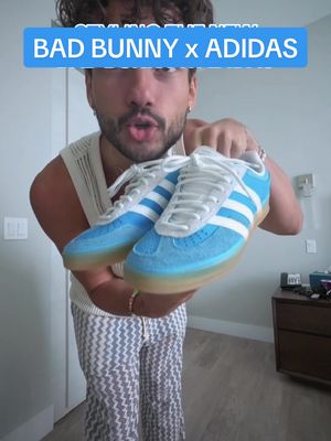 A post by @ethandiaz on TikTok caption: Grwm to style the new Bad Bunny Adidas Gazelle Indoor - San Juans 🩵💙 #grwm #badbunnyadidas #fashiontok #shoetok #blueoutfit 