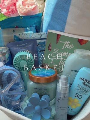 A post by @jessgaciaa on TikTok caption: make a blue themed beach basket w/ me for my bestie 🐬🏝️ love love making birthday baskets so why not make a beach basket! @Tree Hut @Hawaiian Tropic @touchland @methodproducts @Skylar Clean Beauty #beach #beachgirl #Summer #beachbasket #giftbasket #blue #ocean #giftideas #unboxing #asmrunboxing #asmr #asmrsound #haul #thesummeriturnedpretty #tsitp #treehut #hawaiiantropic #fyp #foryoupage #foryou #aesthetic #skincare #beauty #pinkaesthetic #cleangirlaesthetic #thatgirlaesthetic  