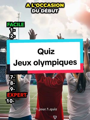 A post by @1.jour.1.quiz on TikTok caption: Quiz jeux olympiques 👟 Si tu es un vrai fan de sport, alors tu devrais pouvoir répondre aux questions de ce quiz sur les jeux olympiques.  Si tu veux continuer à tester ta culture générale et tes connaissances dans différents domaines, abonne-toi au compte pour apprendre toujours plus.  #quiz #jo #jeuxolympiques #paris2024 #jo2024 