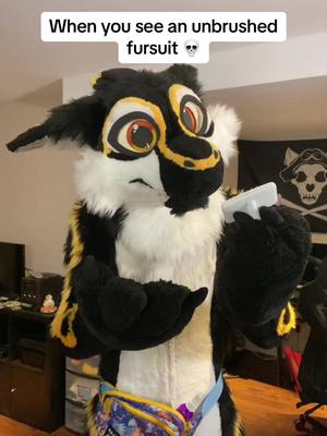 A post by @birbswings on TikTok caption: Some people need more then a brush tho 😭 #furry #fursuit #furries #furryfandom #fursuiter 