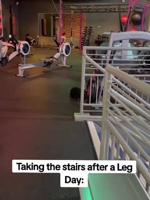 A post by @millicent0000 on TikTok caption: Taking the stairs after a Leg Day😅 this was a fun one to film, I'm sure the gym members think I'm a bit strange 🤣 #gymhumouruk #247fitness #sheffield #legday #gymfail #personaltrainer #onlinecoach 