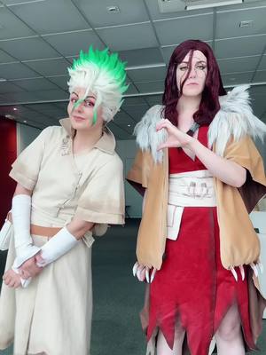 A post by @katielavabug on TikTok caption: Meanwhile in the Stone World with @grabbinlegs 😌 #senku #senkucosplay #tsukasa #tsukasacosplay #drstone #drstonecosplay 