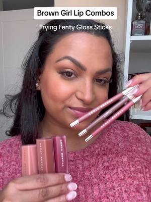 A post by @stylewithtracy on TikTok caption: Got my hands on the @fentybeauty Gloss Stix & Trace’d Out Lip Liners 👄  Riri & Riri Satin Panty & Fenty Glow I woodn’t & Sp’ice cold #fentybeauty #fentygloss #tracedoutlipliner #lipliners #fentymakeup #fentyface #rihannafenty #lipcombos #browngirlmakeup 