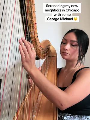 A post by @harpistkari on TikTok caption: George Michael we stan 🫡 #chicago #harpcover #carelesswhisper 