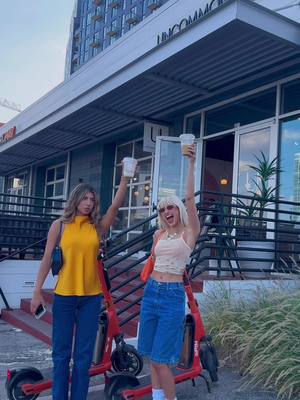 A post by @ridespin on TikTok caption: bff dates in nashville ☕️🍃🧢🛴💨 (via:) @brooke | UGC creator #thrifting #coffee #electricscooter #labourday 