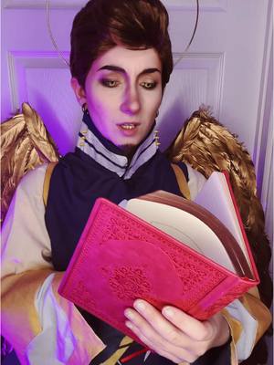 A post by @mythicaliity on TikTok caption: When Sera asks Adam to reread his Bible 😇 #hazbinhotel #cosplay #adamhazbinhotel 