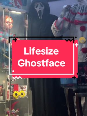 A post by @chaseshorrorzone on TikTok caption: My custom lifesize #ghostface prop #chaseshorrorzone #ghostface #horror #horrortok #horrortiktok #halloween #collectorcheck #horrorcollector #horrorcolletion #viral #fyp #foryou #foryoupage #zyxbca #spirithalloween 