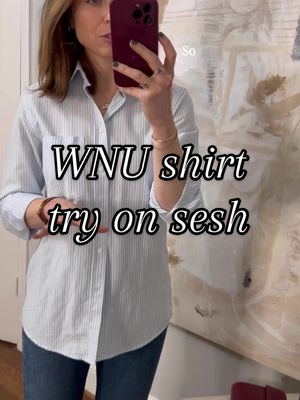 A post by @kellymccoyd on TikTok caption: With Nothing Underneath Try On — comparing the Boyfriend cut vs. the Weekend cut. I have a UK6 or XS in the boyfriend style and wear a small (UK6-8) in the weekend style. #buttonupshirts #buttondownshirt #smartcasual #wardrobestaples #wardrobeessential #classicstyle 