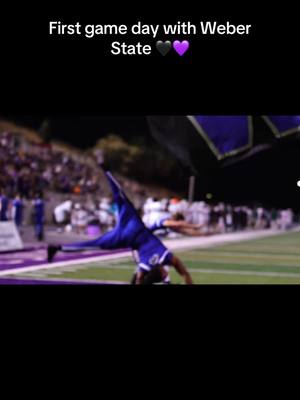 A post by @jordanharrington__ on TikTok caption: i lost track of how many spins but first  game day with Weber State Cheer💜🖤 #cheer #weberstate #fyp  vc : @Nick Prak 