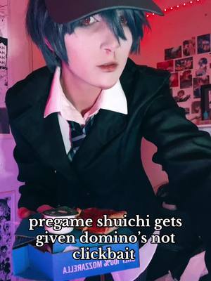 A post by @minteyecos on TikTok caption: i genuinely hardly like anything i filmed of him other than this so TAKE IT hahahhshdhajjsjd dominos 🍕 #pregameshuichi #shuichisaiharacosplay #danganronpav3 #danganronpacosplay 