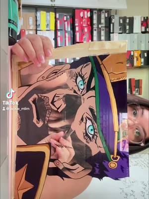 A post by @jackie_mlim on TikTok caption: Day 2!! And done 🥰🤪 #jjba #jjkedit #animeart #animetiktok #animeglasspainting #jojosbizarreadventure #glasspainting 