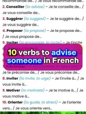 A post by @ouiteach on TikTok caption: 10 verbs to advise someone in French 🇨🇵 | Learn French with Moh &  Alain 👇 #frenchvocabulary #apprendresurtiktok #apprendrelefrançais 