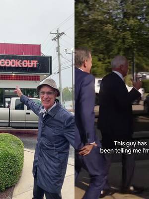 A post by @billnye on TikTok caption: #duet with @Kamala HQ In North Carolina, stopped at Cookout. Tim Walz copies everything I do!! Except, I went banana milkshake.