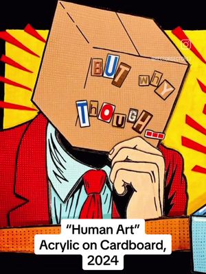 A post by @hectorsector13 on TikTok caption: “Human Art” Acrylic on Cardboard, 2024 Man there’s a LOT to talk about with this piece for sure, so I apologize for the wall of text...  For starters, it’s easy to tell that I’m NOT a big fan of AI generative art in the slightest. I’ve seen cases made for AI in the art world, but generative AI art is such a slap to the face of the art community in my eyes. So that leads us to this piece. When surfing around Twitter one day, I noticed a lot of buzz going around on DeviantArt’s Twitter page. They listed one particular art piece of the day that was really causing a stir amongst artists on the app. Apparently the artist they picked (whose name I’m not gonna list as this isn’t a hate campaign towards them) used generative AI art from DeviantArt’s own AI generation machine “Dream Up” with imagery depicting a man who is in distress using a machine that generates art with the simple press of a button. I think the image was meant to talk the idea of the faults of using generative AI to make art… all while using generative AI from an art website to create it… The irony was too rich for me to ignore. So whhat did I do about it? I stole the art. Kind of. I basically took the base image and idea, and remade it in my own artwork. Now yes I’ve done this with old art pieces in the past, but I will never claim the original as my own and it’s based on artists work who are long gone. However, this was made using machines, so I’m ok with saying that I’m copying by example and taking the idea and making it into a traditional art piece that was created by human hands. Now the big question on my end… is what I’m doing wrong? Taking an idea from someone who most likely typed some words into a machine to create this image? An image that steals assets from other images found online? Am I any better than the AI? Guess that’s up to the viewer. Let me know in the comments what you think! #art #artist #artwork #artpiece #ai #aiart #humanart #cardboard #cardboardart #cardboardartwork #box #boxart #boxhead #paint #painting #traditionalart #acrylic #acrylicpainting 