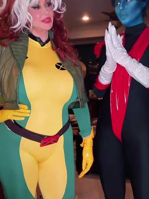 A post by @bishoujomom on TikTok caption: Where do you want to BAMF to?  Rogue- @omystephaniemichelle (IG)  Nightcrawler- @sugi joe  Mystique- Me   #xmen 