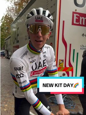 A post by @teamemiratesuae on TikTok caption: New kit dat🌈 #WeAreUAE #TadejPogačar #WorldChampion 