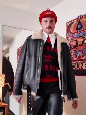 A post by @houseofdvey on TikTok caption: I was a T-Bird in another life My favourite leather jackets, styled 4 ways. Cowboy, eurotrash race car driver, Grease but make it Orwellian and Aviation Paddington Bear. It's my favourite transition season outfit piece. #fashion #outfits #mensfashion #fitcheck #inspo #menswear  