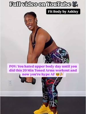 A post by @fitbodybyashley on TikTok caption: 👉🏾 Comment “WORKOUT” and I’ll send you the link to a FREE 5 day workout plan to help you tone up and get fit at home! 🎉 . “Ain’t nobody fresher than my motha, f-ing clique” . That’s exactly how I feel doing this Toned Arms Workout! 💪🏾 . I used to dread upper body workouts because they were so boring and I never knew what to do. But I learned how to make arm workouts, fun and effective, it changed the game for me . It’s workouts like this that helped me to maintain my 30 lb weight loss, tone up and feel strong and sculpted 😎🙌🏾 . I dropped a sneak peak video🎥 on my YouTube channel, which you can check out in the 🔗 in my bio  . Only 20 mins and makes toning your arms feel like a party 🎉 🥳 . Gorgeous, gorgeous girls don’t neglect upper body day, but we do make it fun! 🥳🙌🏾