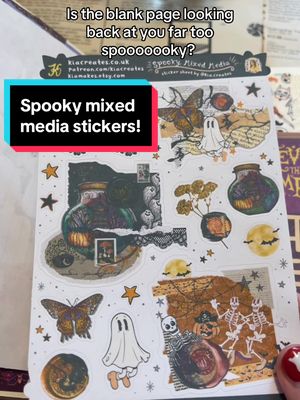 A post by @kiacreates on TikTok caption: now in my shop! 🖤👻 #etsycreatorco #stickers #spookystickers #mixedmedia #halloweenstickers #journaling #artsupplies 